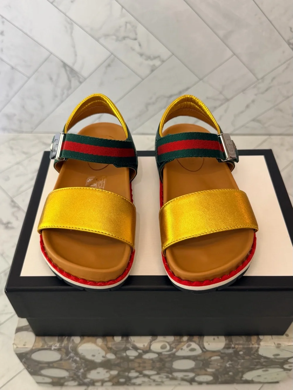 GUCCI KIDS Metallic Yellow & Green Sport Sandals